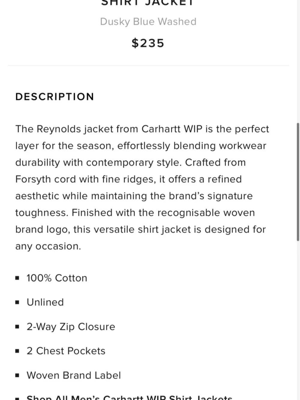 CARHARTT | WIP CORDUROY REYNOLD ZIP SHIRT JACKET | XL